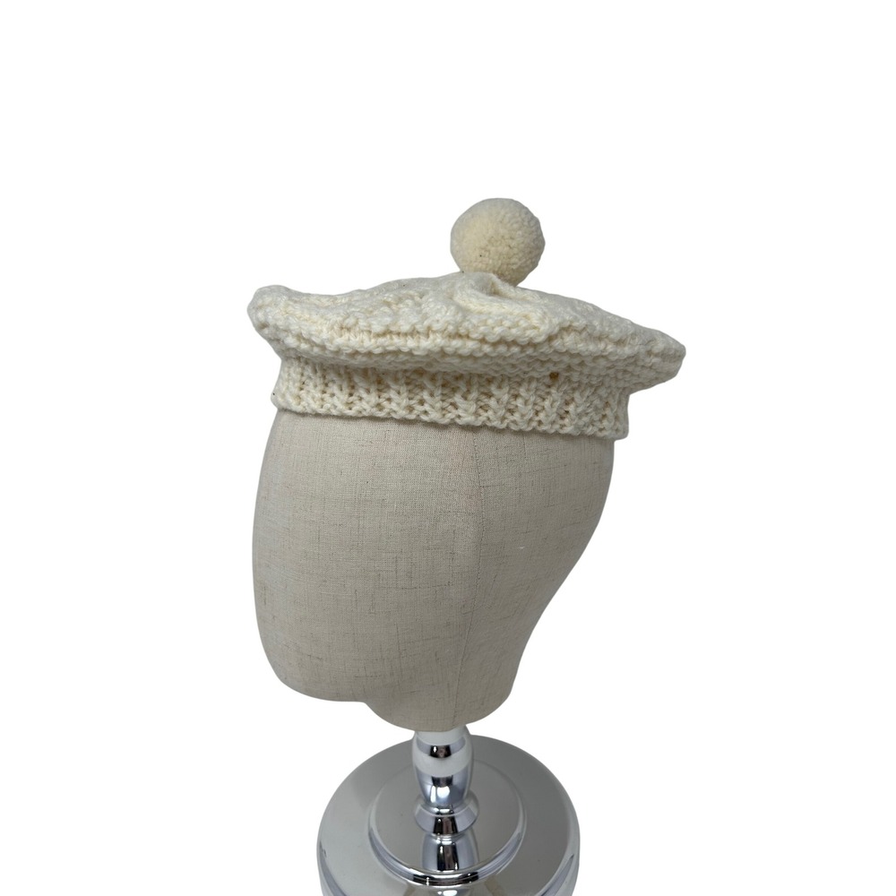 Handmade Vintage Cream Cable Knit Beret Pom Pom Women Off White Winter Hat